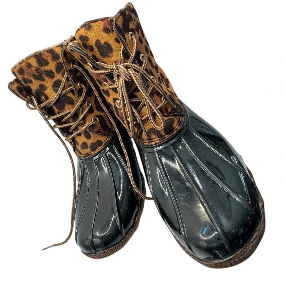 Jessica Carlyle Gavin-17L Leopard Print‎ Duck Boots Black Brown 11 women